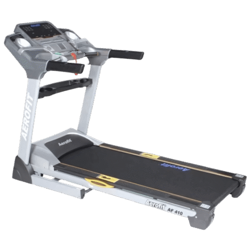 Aerofit AF-410 domestic treadmill with a compact frame and digital console and has a grey and silver colour combination.