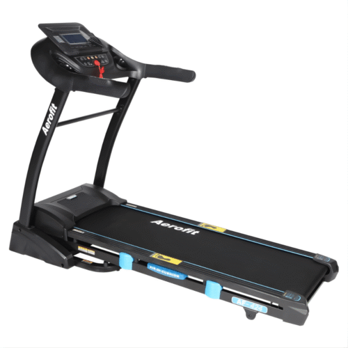 The Aerofit AF-424 Treadmill of black colour with wide running belt, safety key, digital console