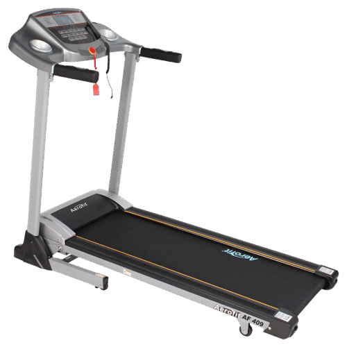 Aerofit AF-409 compact treadmill of grey colour with strong motor and black running belt.