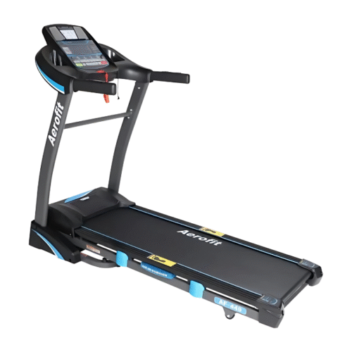 Aerofit AF-449 Treadmill of black and grey colour with digital console, wide running surface, in-built speakers and AC Motor I Available at Metro Sports