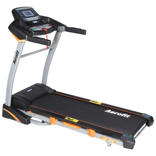 Aerofit AF-450 Treadmill of black and grey colour that features a digital LCD Display, Heart Rate Monitoring, DC Motor and Smooth Running Surface
