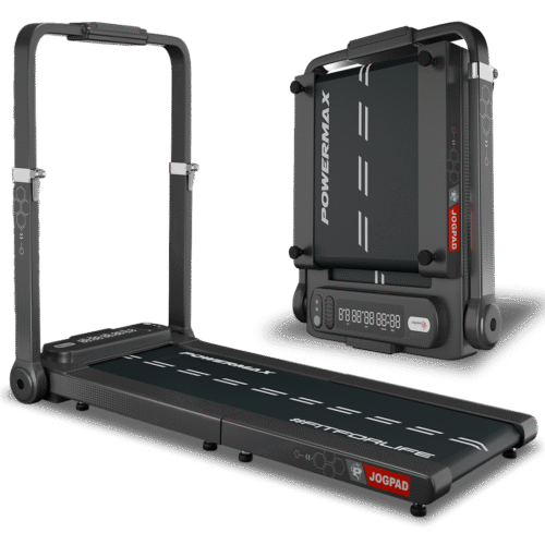 Powermax Fitness Jogpad Motorized Treadmill shown in both unfolded running mode and folded storage position, highlighting its compact and space-saving design.