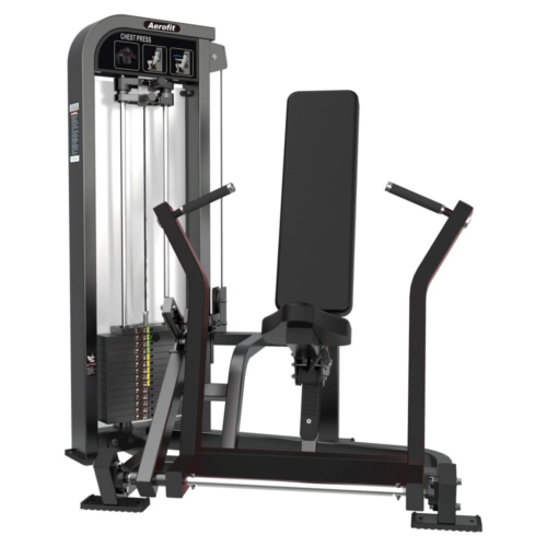 Aerofit chest press machine with selectorized weight stack, adjustable seat and backrest, ergonomic handles, and heavy-duty frame for commercial gym strength training.