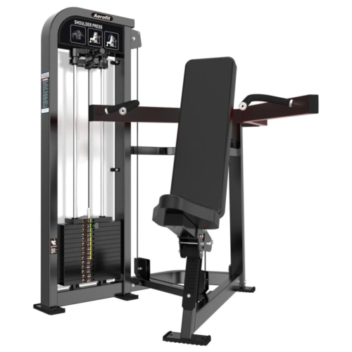 Aerofit shoulder press machine with selectorized weight stack, adjustable seat and backrest, ergonomic press arms, and heavy-duty frame for commercial gym strength training.