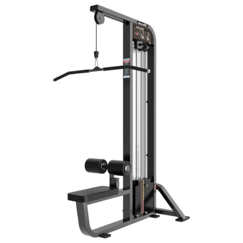 Aerofit lat pulldown machine with selectorized weight stack, wide grip bar, adjustable thigh pads, and heavy-duty frame for commercial gym back training.