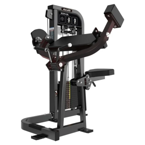 Aerofit biceps curl machine with selectorized weight stack, adjustable arm pad and seat, ergonomic curl handles, and heavy-duty frame for commercial gym arm training.
