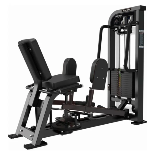 Aerofit seated chest press machine with selectorized weight stack, adjustable seat and backrest, ergonomic press arms, and heavy-duty frame for commercial gym strength training.