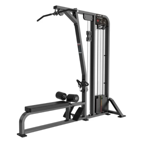 Aerofit pull down machine with selectorized weight stack, high pulley system, wide grip bar, adjustable thigh pads, and heavy-duty frame for commercial gym back training.