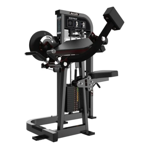 Aerofit biceps and triceps combo machine with selectorized weight stack, adjustable arm pad and seat, ergonomic dual-function handles, and heavy-duty frame for commercial gym arm training.