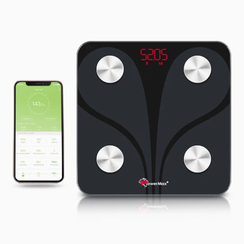 PowerMax Fitness BCA-130 Bluetooth smart scale with mobile app showing detailed fitness and health tracking data.
