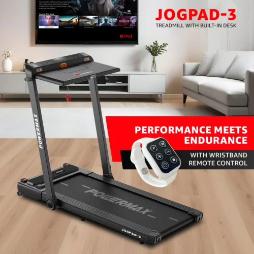 Powermax JogPad-3 treadmill with desk and wristband remote for home workouts.